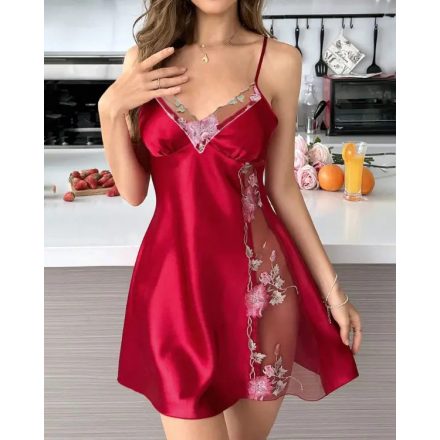 Satin Floral Embroidery Mesh Patchwork V-Neck Spaghetti Strap Mini Nightgown Sexy Babydoll