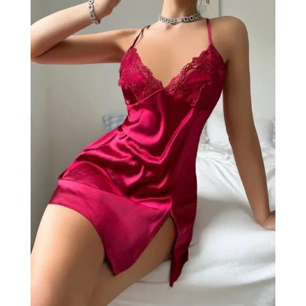 Contrast Lace V-Neck Spaghetti Strap Satin Babydoll Sexy Slim Fit Slit Night Dress