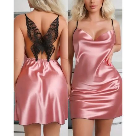 Contrast Lace Butterfly Cowl Neck Spaghetti Strap Satin Sleep Dress Sexy Slim Fit Babydoll