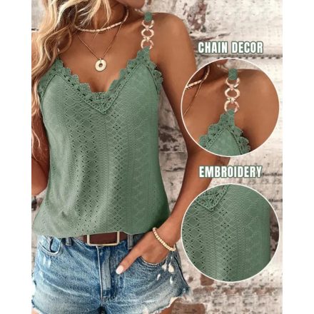 Chain Decor Eyelet Embroidery Lace Patch Tank Top