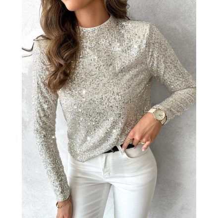 Mock Neck Hollow-out Back Allover Sequin Long Sleeve Top Partywear Blouse