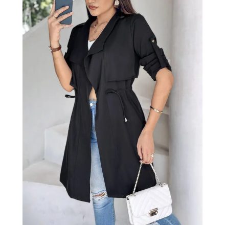 Drawstring Waist Roll Tap Sleeve Classic Trench Coat Lapel Overcoat Outerwear