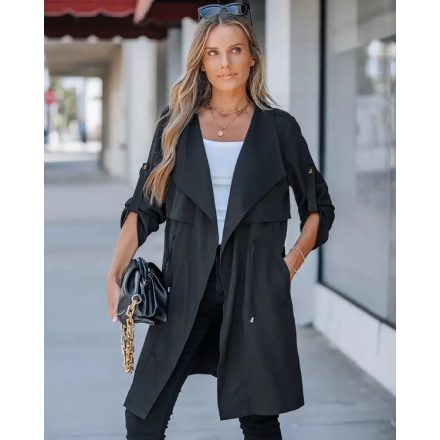 Drawstring Waist Roll Tap Sleeve Classic Trench Coat Lapel Overcoat Outerwear