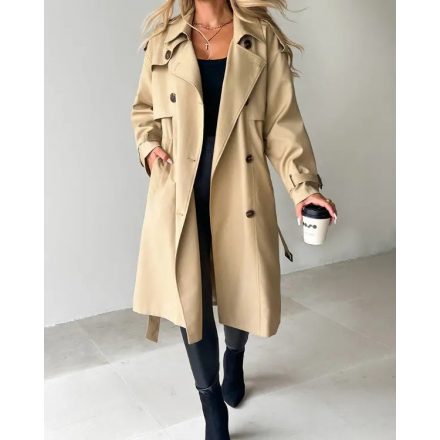 Notched Collar Double Breasted Longline Trench Coat