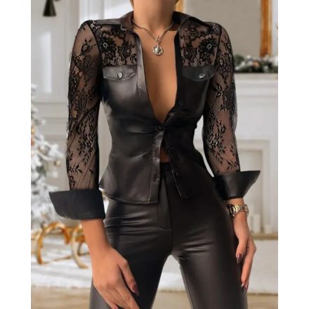 Contrast Lace Turn-down Collar PU Leather Button Down Shirt Sexy Slim Fit Long Sleeve Top