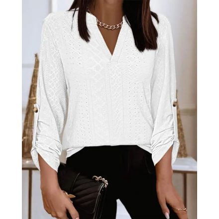 V-Neck Roll Tab Sleeve Eyelet Embroidery Shirt Top