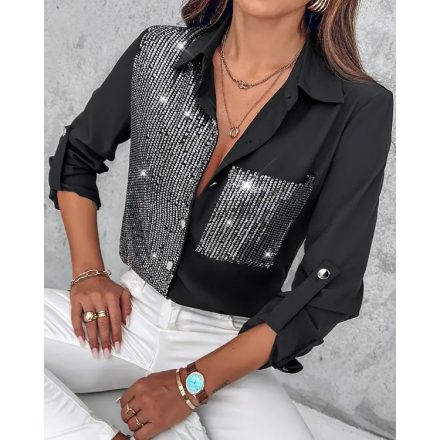 Roll Tab Sleeve Button Down Contrast Sequin Shirt