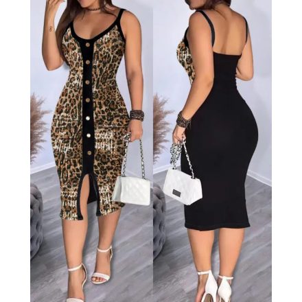 Leopard Pattern Contrast Sequin V Neck Sleeveless Bodycon Dress Metal Button Front Slim Fit Party Dress