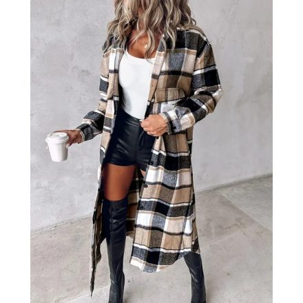 Plaid Print Buttoned Pocket Design Longline Coat