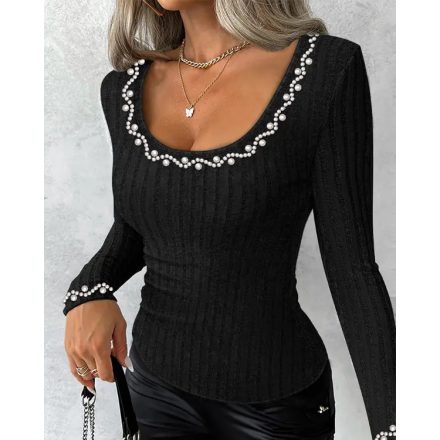 Beaded Scoop Neck Long Sleeve Ribbed Top