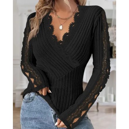 V-Neck Lace Patch Long Sleeve Top Criss Cross Hollow-out Shirt