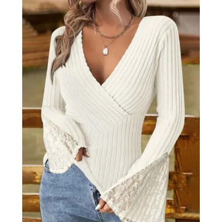 Bell Sleeve Fashion V Neck Lace Patchwork Blouse Casual Slim Fit Ribbed Tops