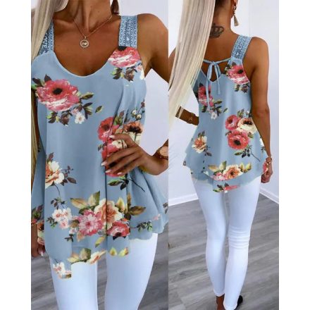 Floral Print Contrast Lace Layered Chiffon Tank Top