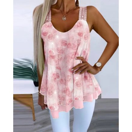 Glitter Lurex Love Heart Pattern Rose Print Contrast Lace Thick Strap Layered Tied Detail Chiffon Tank Romantic Top