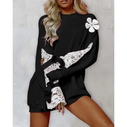 Colorblock Floral Decor Lace Patch Sweatshirt Dress