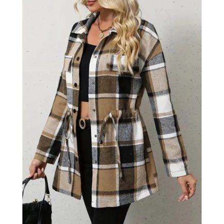 Plaid Pattern Flap Detail Drawstring Waist Button Front Coat