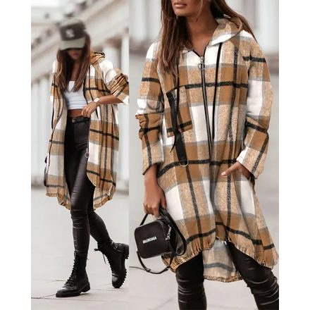 Plaid Pattern Shacket Jacket Zip Up Oversized Longline Shirt Casual Hooded Coats with Pockets