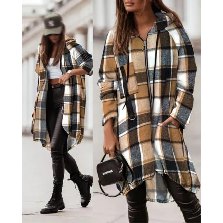 Plaid Pattern Shacket Full Zip Up Pocket Design Oversized Longline Casual Hooded Coats