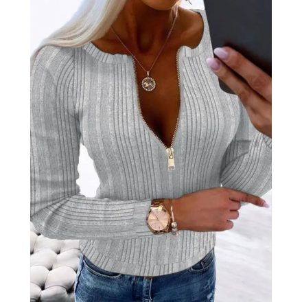 Crewneck Long Sleeve Ribbed Top Half Zipper Design Casual Pullover Tops