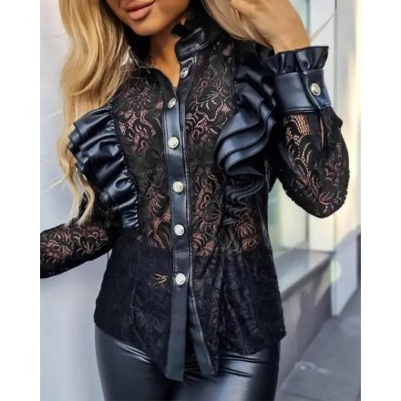 PU Leather Stand Collar Buttoned Ruffles Lace Patchwork Top