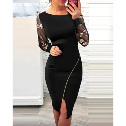 Floral Pattern Contrast Sequin Cold Shoulder Bodycon Dress Zip Up Sheer Mesh Patch Midi Dress