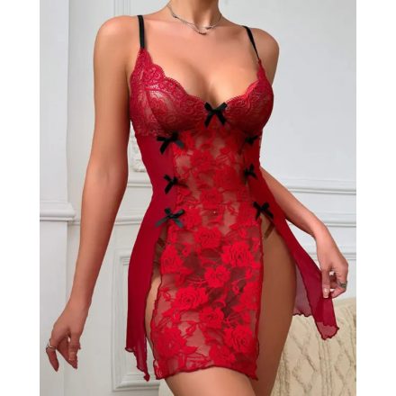 Lace V Neck Bowknot Decor Sleeveless Babydolls Sexy See Through Teddy Sleepwear