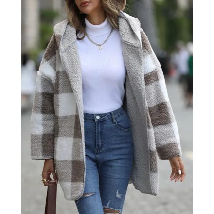 Women's Fleece Plaid Pattern Long Sleeve Fuzzy Hooded Coat Outfit