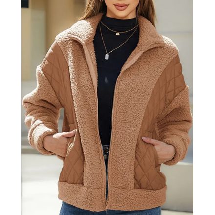 Women's Pocket Design Patchwork Long Sleeve Fluffy Teddy Puffer Coat