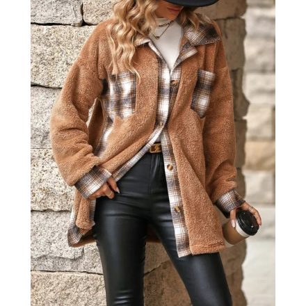 Plaid Print Pocket Design Long Sleeve Buttoned Teddy Coat Outfit