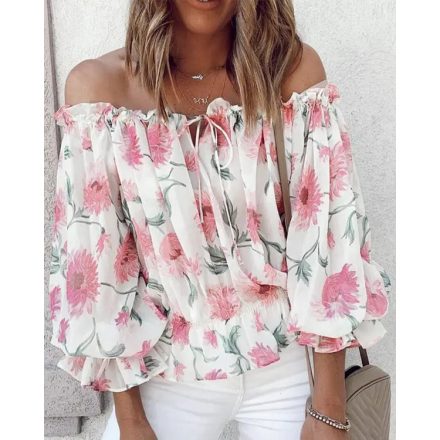 Off Shoulder Floral Print Lantern Sleeve Top