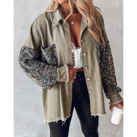 Casual Jacket Sequin Patchwork Long Sleeve Jacket Top Button Front Raw Hem Oversized Denim Shacket