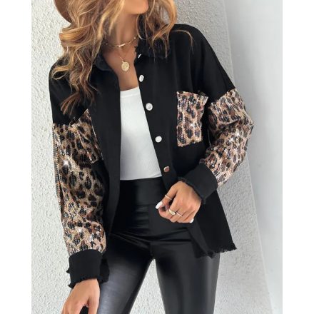 Contrast Sequin Long Sleeve Jacket Top Button Front Raw Hem Loose Fit Shacket