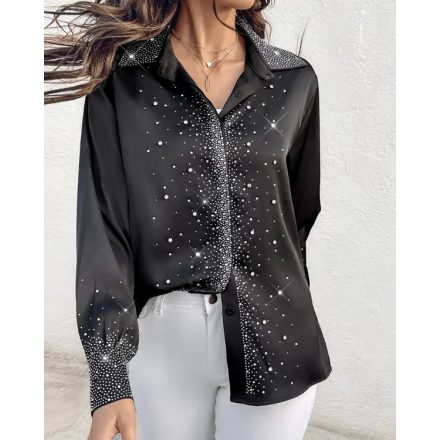 Rhinestone Turn-down Collar Long Sleeve Blouse Elegant Shirt