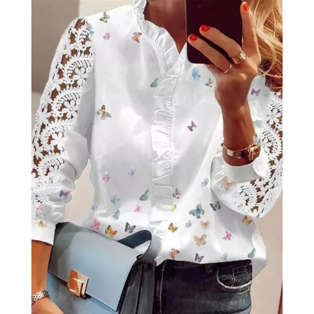 Lace Butterfly Print V-Neck Long Sleeve Patchwork Casual Blouse