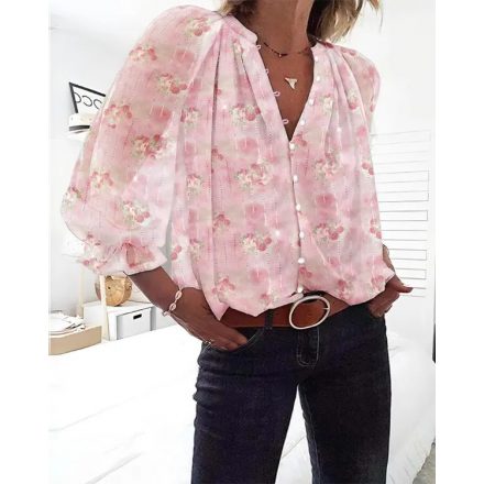 Glitter Lurex Floral Print Long Sleeve Blouse Front Button Casual Top