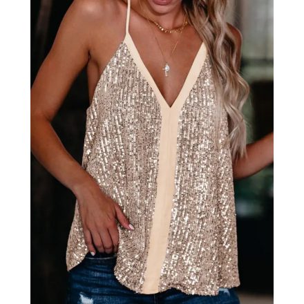 Halter Backless Contrast Binding Sequins Top