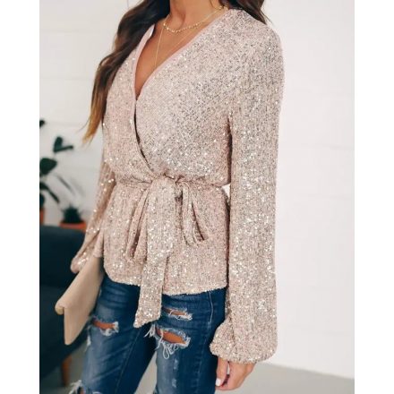 Tied Detail Lantern Sleeve Allover Sequins Top