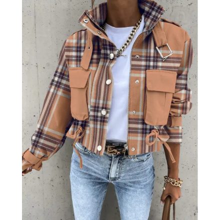 Plaid Print Pocket Design Biker Jacket